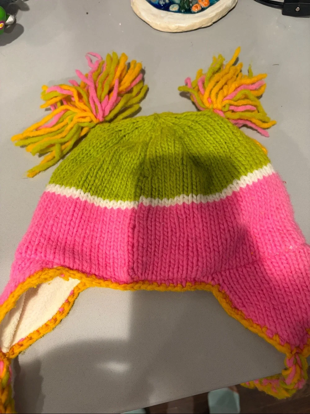 Kids Owl Knit Pom Hat - Pink & Lime Green